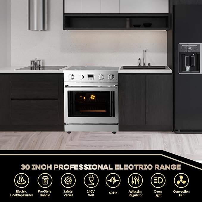 30 Inch Electric Range with 4.8 Cu.Ft Convection Oven, 4 High-Power Burners & 6 Cooking Modes, Smooth Glass Cooktop, Built-In Timer, Freestanding Professional Stainless Steel Kitchen Stove