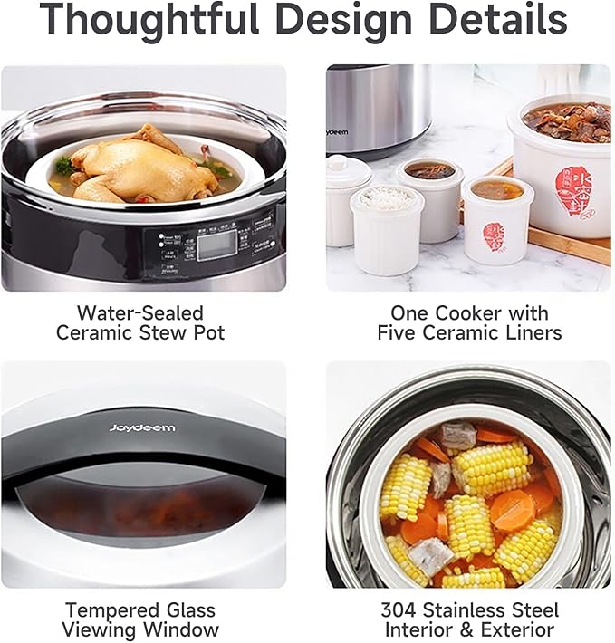Joydeem Electric Stew Pot, 8.5Qt Stainless Steel Inner Pot with 5 Ceramic Liners (3.5L + 4 × 0.45L), Dual Cooking Modes, Brushed Stainless-Steel Exterior, For Soup, Congee & Bird?™s Nest, DDG-B350