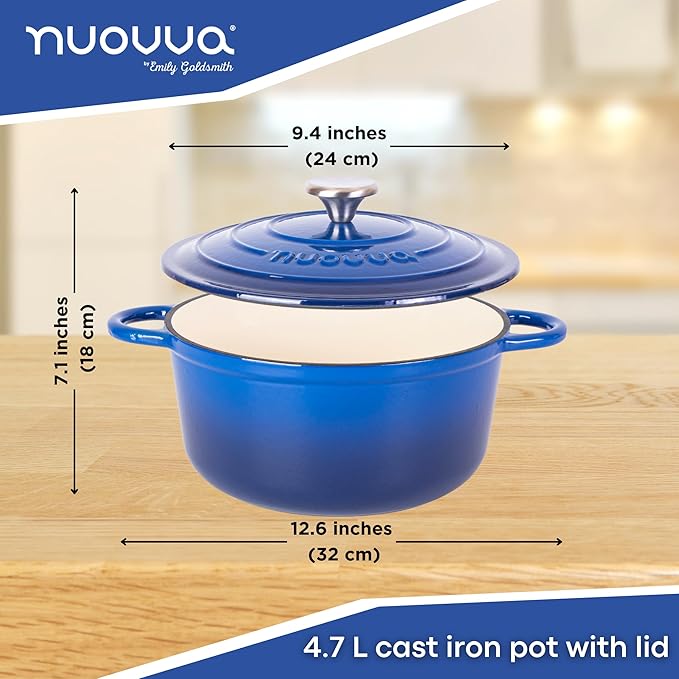 Cast Iron Pot with Lid ??Non-Stick Ovenproof Enamelled Casserole Pot, Oven Safe up to 500째 F ??Sturdy Dutch Oven Cookware ??Dark Blue, 5-Quart, 24cm ??by Nuovva