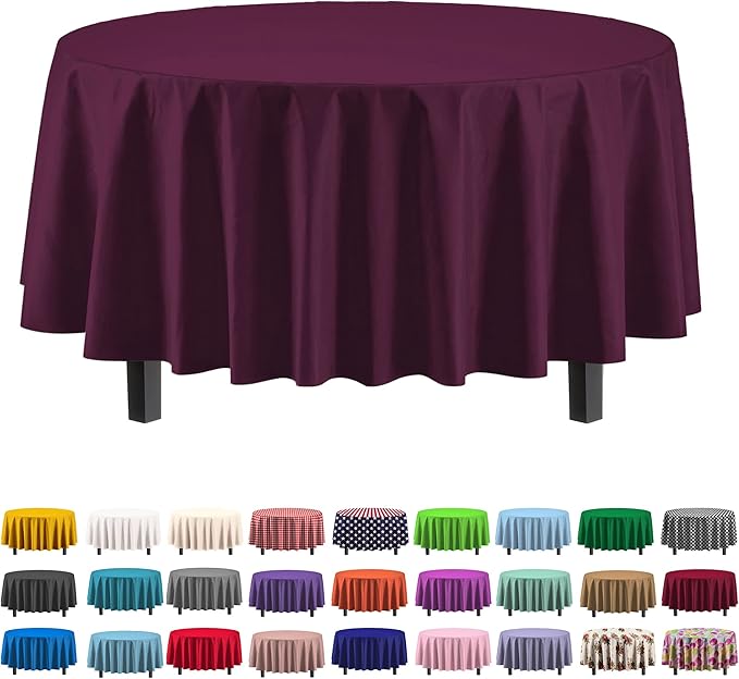 Party Solids 6-Pack Premium Plastic Tablecloth 84in. Round Plastic Table Cover - Plum