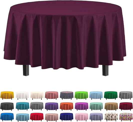 Party Solids 6-Pack Premium Plastic Tablecloth 84in. Round Plastic Table Cover - Plum