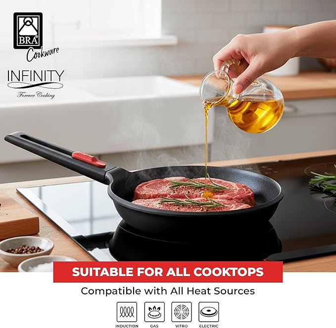 BRA COOKWARE Infinity Nonstick Frying Pan | 9.5-Inch Cast Aluminum Skillet | PFOA/PFAS Free Fry Pan | All Cooktops (incl Induction) Searing Skillet | Oven Safe up to 425째F (w/o Removable Handle)