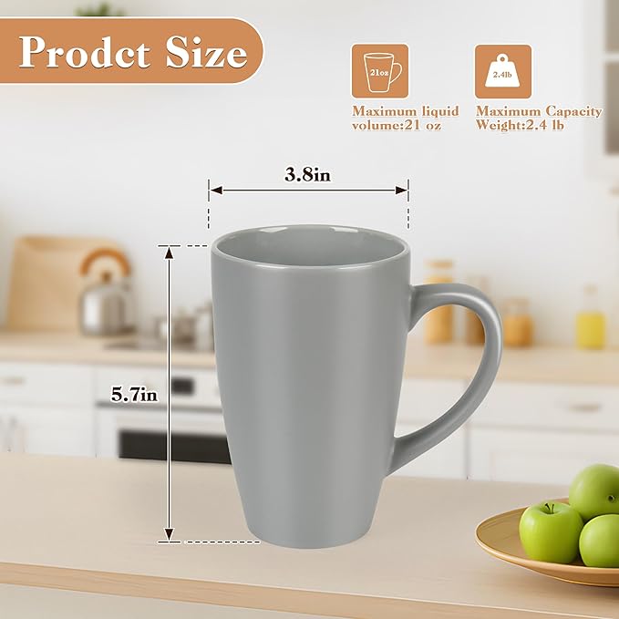20oz Extra Large Ceramic Tall Coffee Mugs Set for Coffee Tea Hot Cocoa set of 4 Dishwasher & Microwave Safe (Matte gray)