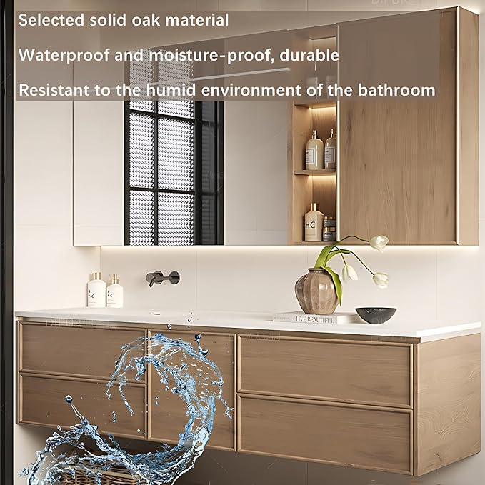 Floating Bathroom Vanity with Sink - Modern Bathroom Vanity - Includes LED Smart Defogging Medicine Cabinet & Drawer - Multi-Layer Solid Wood | Wall-Mounted