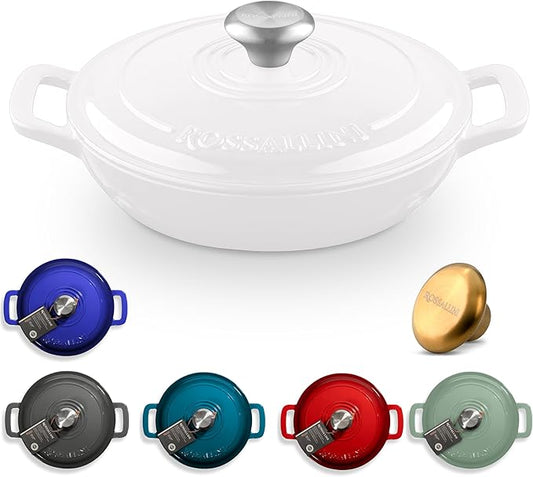 Signature Enameled Cast Iron Braiser, Non-Stick Serving Pot with Tight Fitting Lid for Perfect Roasting, Baking, Sauteing, Searing, and Pan Frying | 2.25Q (2.1L) - White