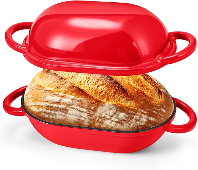 Maxdot 4qt Dutch Oven with Lid Enameled Cast Iron Sourdough Bread Pan for Christmas Baking Non Stick Single with Loop Handles for Christmas Family Homemade Breadbaking(Red)