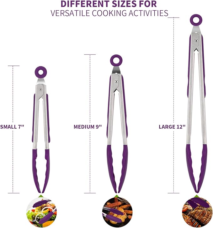 U-Taste Kitchen Tongs, 7/9/12 inches Cooking Tongs, with 600쨘F High Heat-Resistant Non-Stick Silicone Tips, 18/8 Stainless Steel Handle, for Food Grill, Salad, BBQ, Frying, Serving, Pack of 3(Purple)