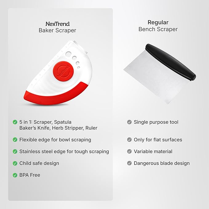 Nextrend BakerScraper ??5-in-1 Flexible Bowl Scraper, Bench Scraper and Dough Scraper with Stainless Steel Edge, Ruler & Herb Stripper ??BPA Free, Dishwasher Safe - Red