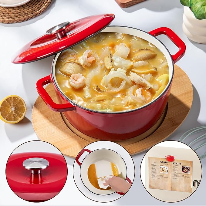 Enamel Cast Iron Dutch Oven with Lid,Dual Handles,Heavy-Duty Cookware for Sourdough Bread Baking,Braising,Stews,Roasting,Oven Safe up to 500째 F,5QT,red