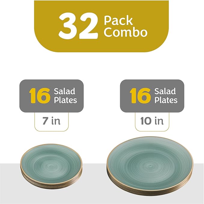 PLASTICPRO 32 Pieces Crystal Design Plastic Plates Combo Pack 7 inch and 10 inch Gold Rim Elegant Disposable Plates, Transparent Green