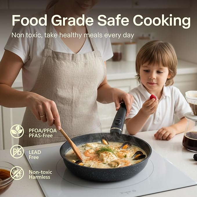 Pots and Pans Set Non Stick, Ceramic Cookware Sets 21 PCS, Granite Induction RV Kitchen Portable Stackable Cooking Set Removable Handles, Dishwasher 竊?Oven Safe, Black