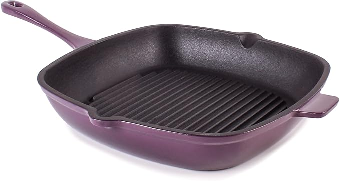 Berghoff Neo 3Pc Enameled Cast Iron Cookware Set, Fry Pan 10 inches, Grill Pan 11 inches, Slotted Steak Press, Fast, Evenly Heat, Oven safe (Purple)