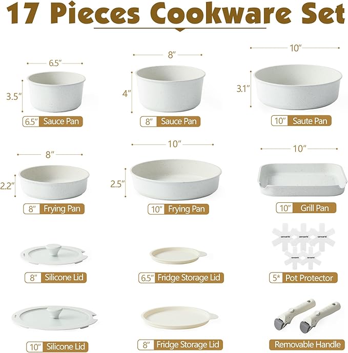 SENSARTE 17 Piece Pots and Pans Set, Nonstick Detachable Handle Cookware Set, Induction Kitchen Cookware Set with Removable Handle, Healthy Non Stick for RV, Dishwasher 竊?Oven Safe, PFOA Free (White)