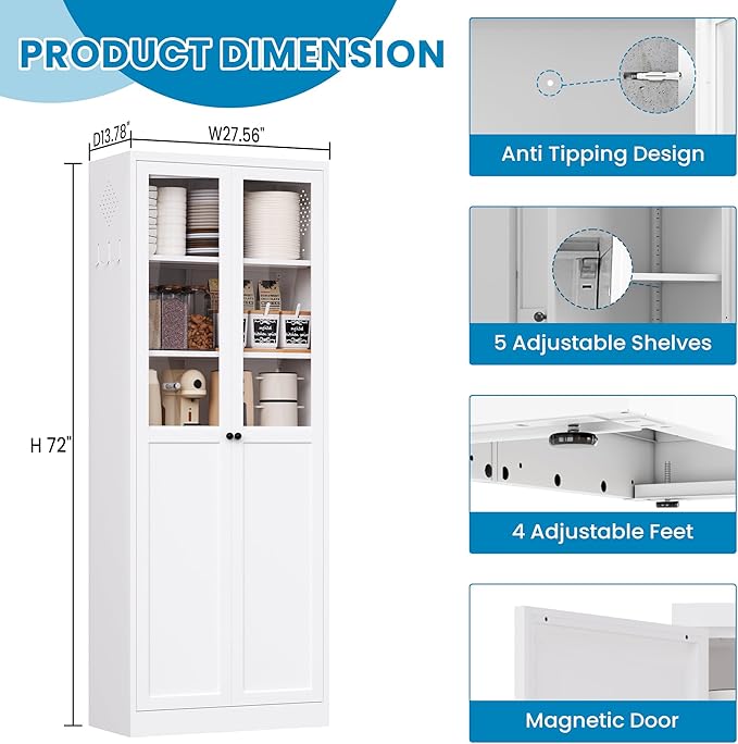 72" H White Steel Kitchen Pantry Cabinet with Glass & Metal, Steel Storage Cabinet with Adjustable Shelves, Heavy Duty Freestanding Utility Cabinet for Dining/Living Room, Assembly Required