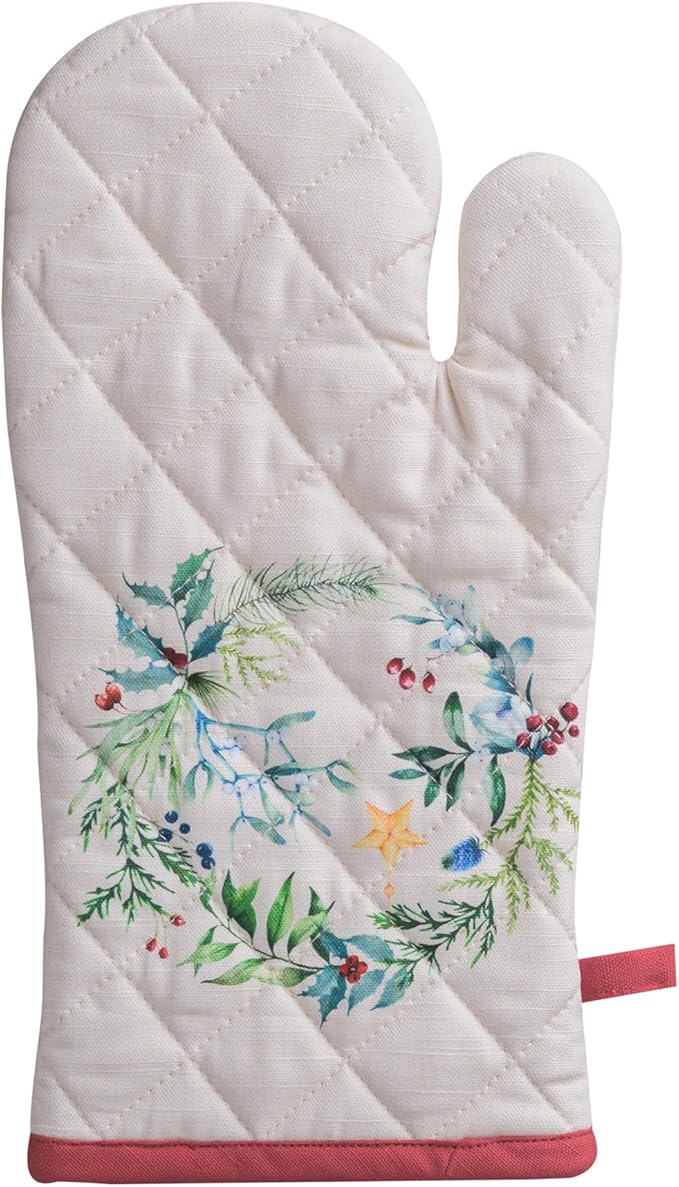 Maison d' Hermine Oven Gloves 100% Cotton Oven Mitt 7" x 13" with Loop Heat Resistant BBQ Cooking Gloves for Thanksgiving Christmas Decorations Baking Handling Hot Pans (Pack of 1, Holly Time)