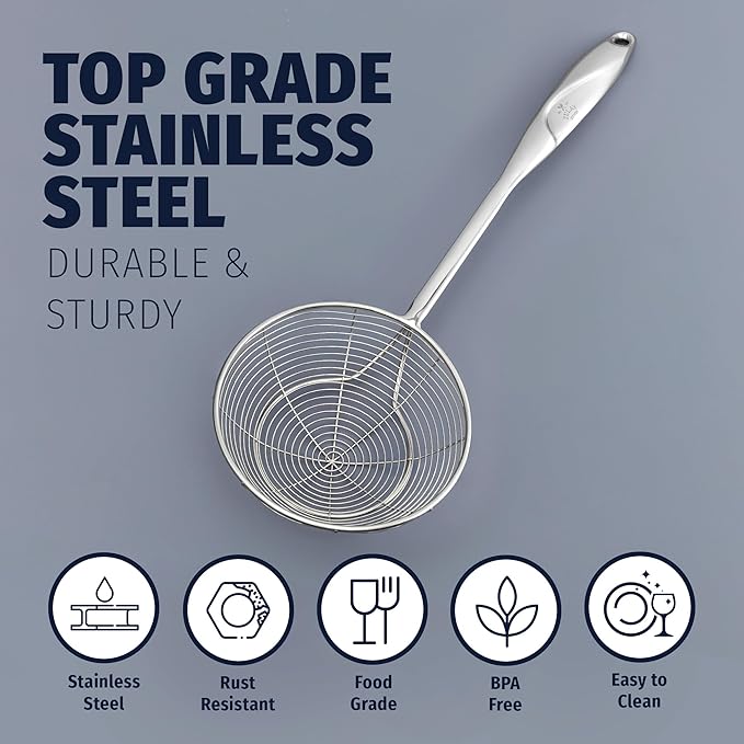 Zulay Kitchen Premium Stainless Steel Skimmer Strainer Ladle - 15??Large Straining Spoon for Frying, Boiling & Blanching - Durable, Rust-Resistant & Heat-Proof Kitchen Tool for Everyday Use