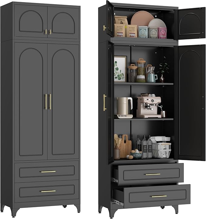 90??Tall Kitchen Pantry Cabinet,Storage Cabinet with Doors and Adjustable Shelves,Modern Kitchen Hutch Cabinets,Freestanding Cupboard for Dining Room
