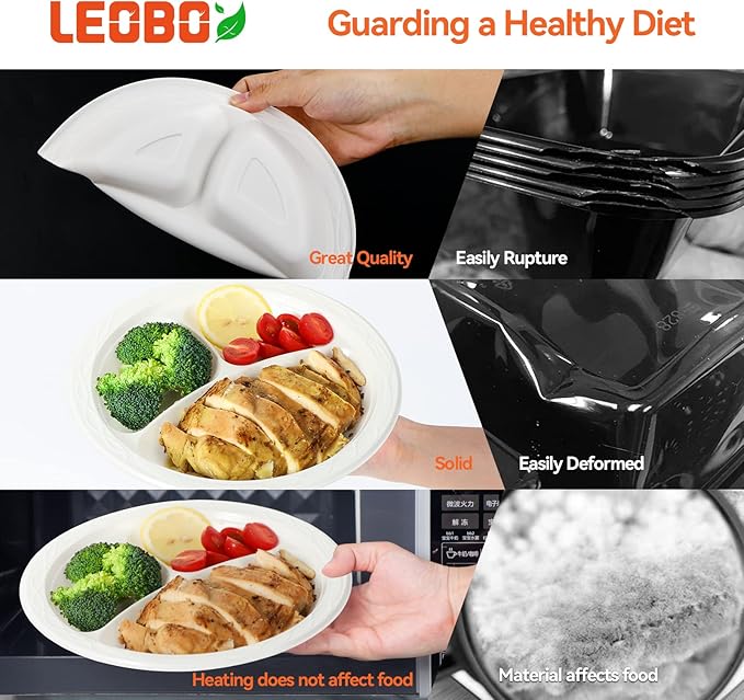 Party Plates Mineral Filled PP Plastic 9" - 150 Pack Shrink Wrap BPA Free Dinner Tray | Dishwasher & Microwave Safe | 3 Compartment Heavy Duty White Reusable & Disposable Plate for Catering