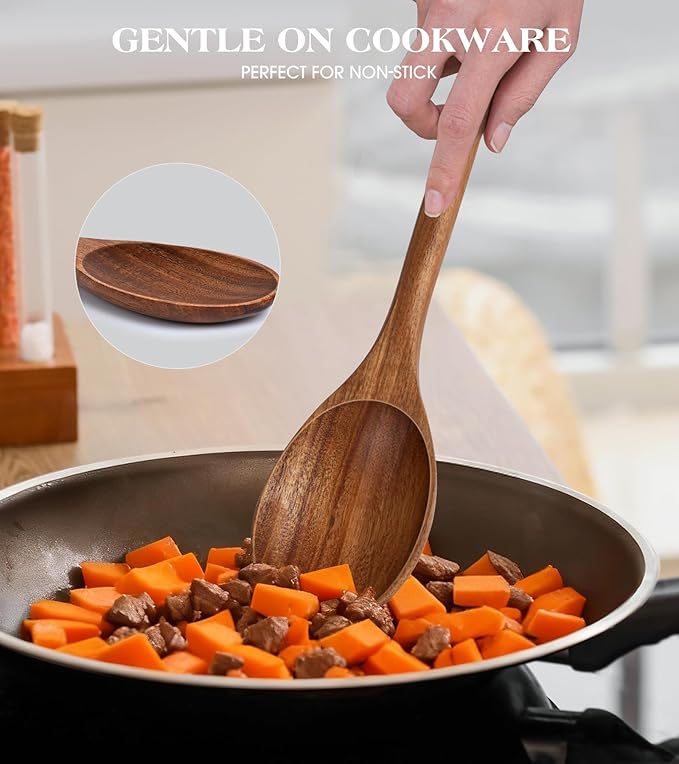 2PCS Wooden Spoons for Cooking, Natural Acacia Wood Cooking Spoons, Large Serving Spoons for Nonstick Cookware, Heat Resistant Durable Wooden Kitchen Utensils for Mixing Salad, Serving and Stirring