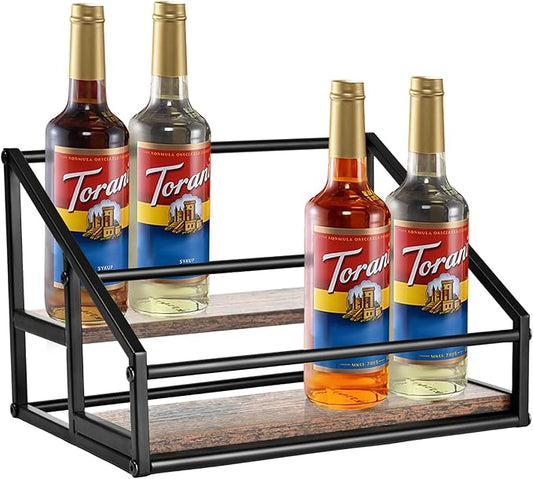 2-Tier Coffee Syrup Organizer - 8 Bottle Rack for Coffee Bar, Kitchen Station - Stand and Holder for Syrup, Wine, Dressing