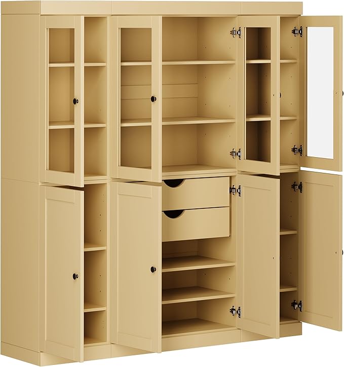 Palace Imports 100% Solid Wood Kitchen China Pantry Cabinet, 65" W - 4 Clear Glass & 4 Shaker Doors, Renewable Eco-Friendly Wood, Made in Brazil (Yellow, 8 China/Shaker Doors | 2 Drawers)