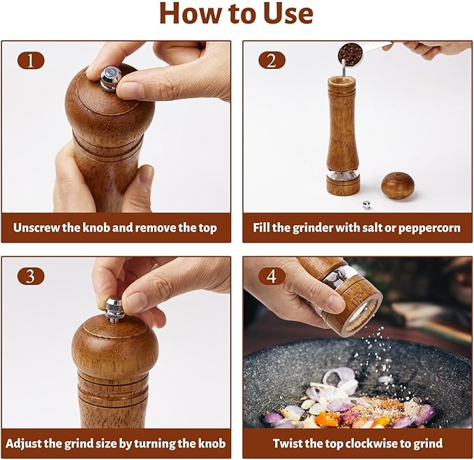 Wooden Pepper Grinder Set of 2, 8 Inch Beech Wood Pepper Mills with Stainless Steel Core, Manual Pepper Grinder with Comfort Grip & Effortless Grinding for Kitchen Cooking