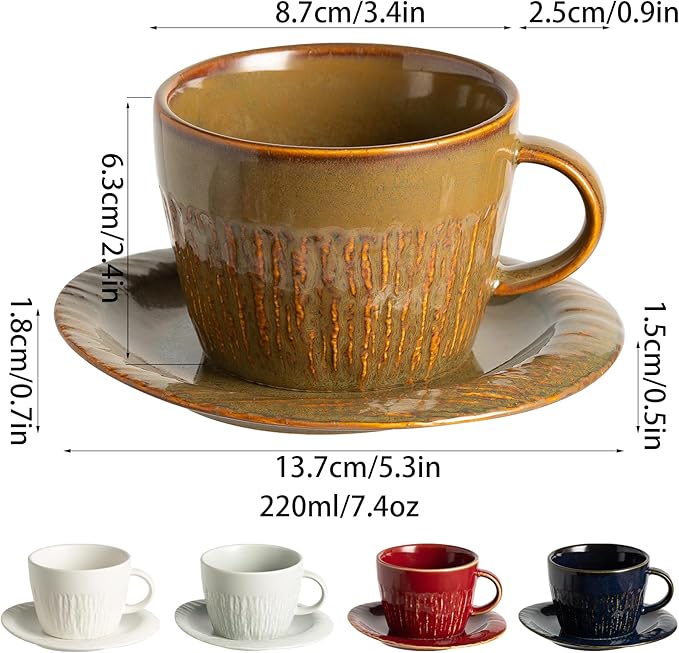 Ceramic Latte Cup with Saucer, 7 oz, Coffee Mug, Espresso Cups for Cappuccino, Milk Tea and Mocha, Dishwasher and Microwave Safe (brown)
