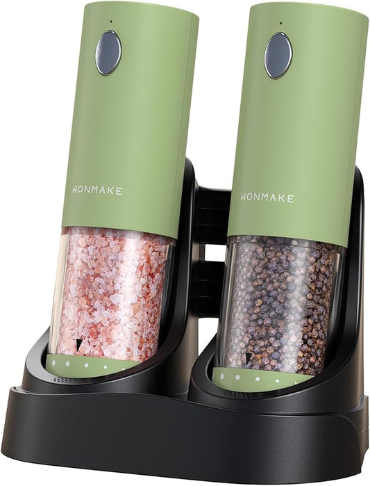 Electric Salt and Pepper Grinder Set - Automatic Refillable Salt and Pepper Grinders with Charging Base & LED Light, 6-Level Adjustable Coarseness with External Dial, Ideal Kitchen Gadget竊똆reen