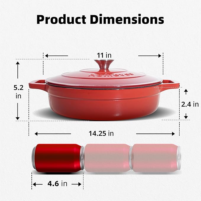 Enameled Cast Iron Dutch Oven - 4 Quart Dutch Oven Pot with Lid - Shallow Cookware Braising Pan - Oven Safe up to 500째 F for Baking, Roasting, and Braising-Red