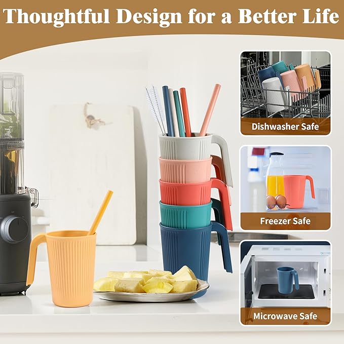 Wheat Straw Coffee Mugs 6-Pack??Unbreakable & Lightweight Cups, 12oz Stackable Cups with 6 Detachable Straws & 2 Cleaning Brushes (Colorful, 12, Fluid Ounces)