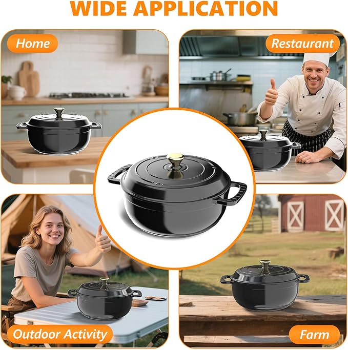 Bonnlo 6QT Round Dutch Oven, Enameled Cast Iron Dutch Oven Pot with Lid & Dual Handles, Oven Safe Up to 500째 F, for Sourdough, Bread Baking, Stews and Roasting (Black)