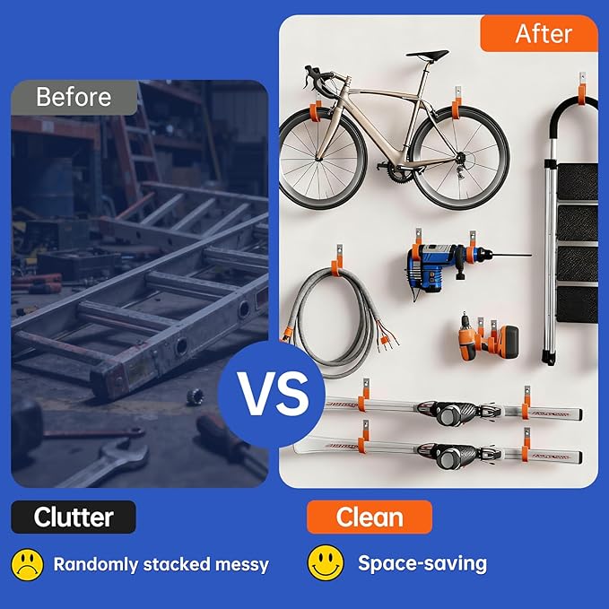 Heavy Duty Wall Hooks, Garage Storage Utility Hooks, Steel Wall Mount Hanger, Tool Organizer Hose Hanger Steel U Hooks for Garage & Garden (6, Orange)