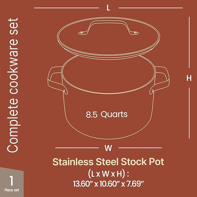 Bakken 8.5 Quart Ceramic Coated Stock Pot with Lid, Easy Clean Nonstick Pot, Tempered Glass Lid, Riveted Stainless Steel Handles, Oven Safe Up To 500째F, PTFE & PFAS Free, All Stove Compatible, Black