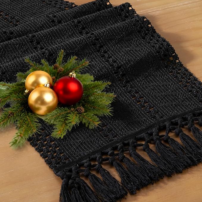 Socomi Boho Table Runner Valentine's Day Farmhouse Rustic Dining Kitchen Centerpiece Decor Small Macrame Woven Cotton Linen Coffee Table Runner for Dresser Scarf Home Decor 12x60 inch Black