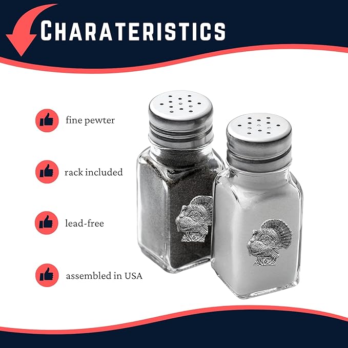 Heritage Pewter Turkey Salt and Pepper Shaker Set of 2 Bottles | Expertly Crafted Pewter Glass