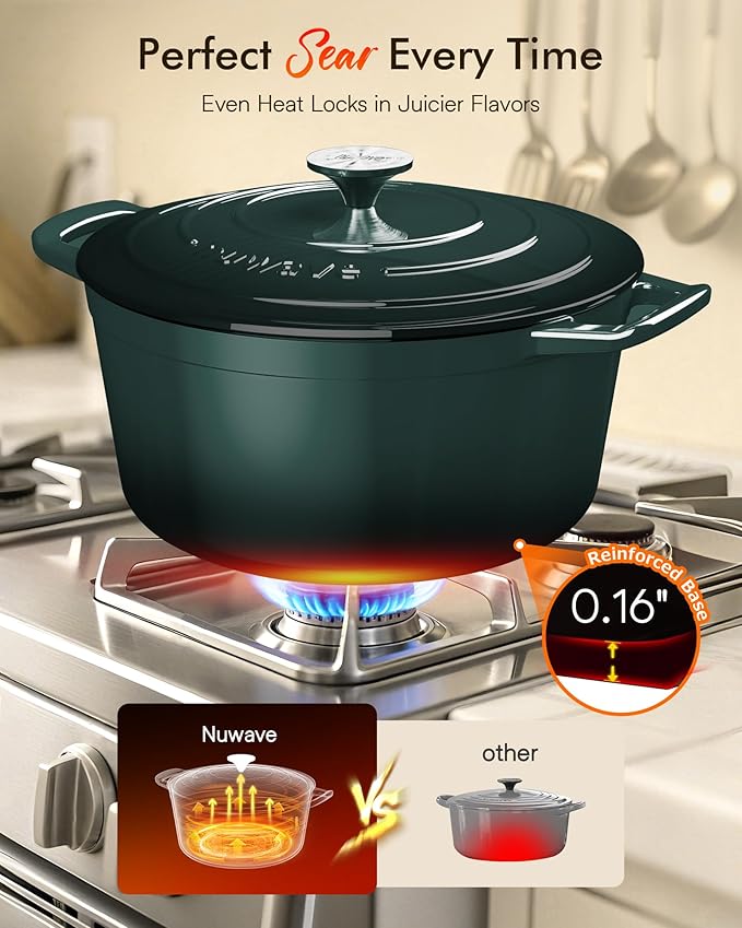 Nuwave 6QT Healthy Enameled Cast Iron Dutch Oven Pot with Lid, Heavy Duty 7-Layer Enamel, Enhanced Rust Protection, Dual Handles, Oven Safe to 500째F for Sourdough Bread Baking, Braise, Stew, Roast