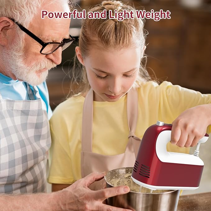 9-Speed Digital Hand Mixer Electric, 400W Powerful DC Motor, Baking Handheld with Snap-On Storage Case, 5 Stainless Steel Accessories, Flat Beaters, Dough Hooks, Whisk(Red/White)