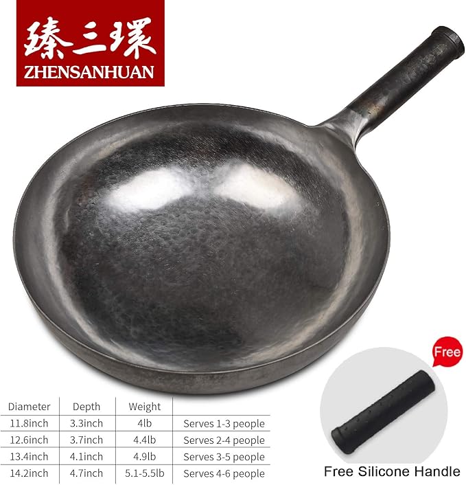 ?삡툒??ZhenSanHuan Chinese Hand Hammered Iron Woks and Stir Fry Pans, Non-stick, No Coating, Carbon Steel Pow (30CM, Silver-Not Seasoned)