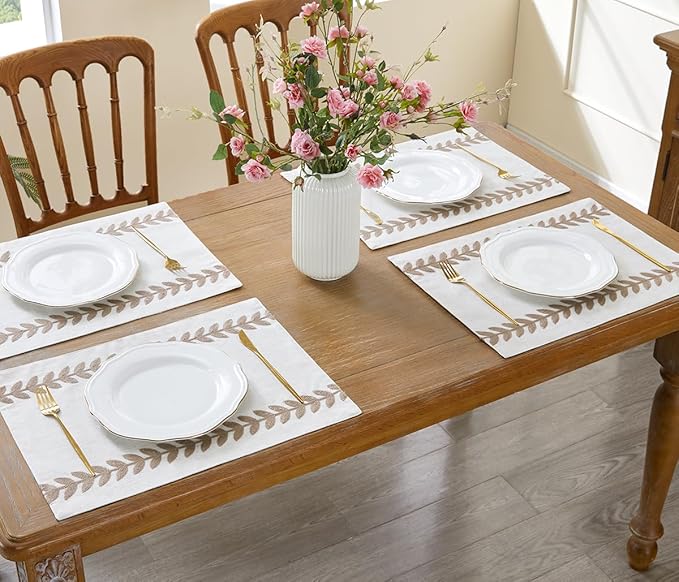 Wracra Embroidered Placemats, 13 x 18 Inch Set of 4 Placemats, Irregular Willow Rustic Place Mats for Kitchen Table and Heat Resistant, Taupe 4PCS