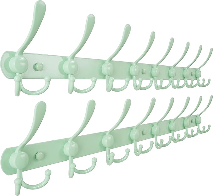 Dseap Coat Rack Wall Mount - 29.5??Long 8-Tri-Hooks Heavy Duty Coat Hanger Rail Wall Hooks for Hanging Coats Hats Clothing Clothes Purse Mudroom Entryway, Green, Pack of 2