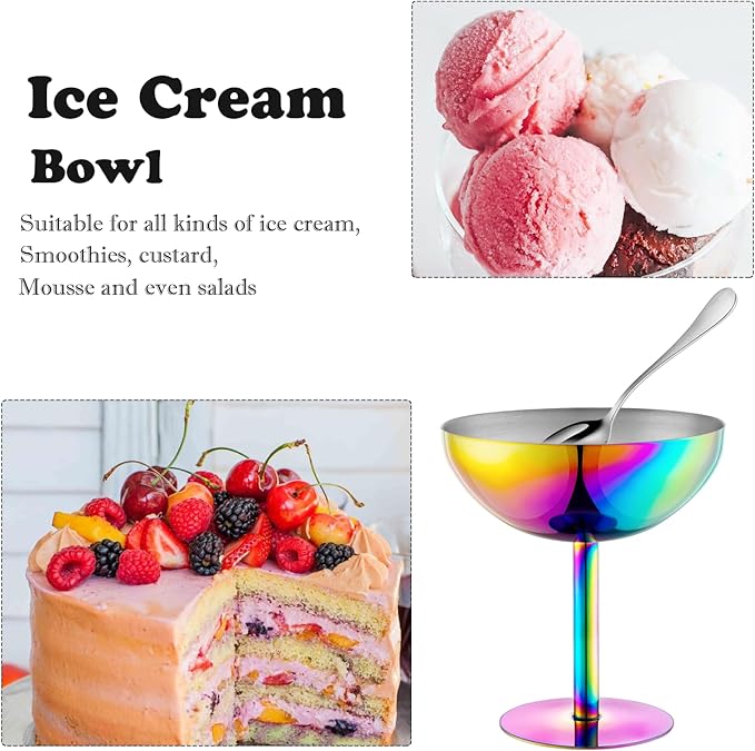 Ice Cream Bowls Stainless Steel Dessert Cups with Spoons Reusable Footed Sundae Cups Ice Cream Cups for Dessert, Frozen Yogurt, Gelato, Birthday Party Decorations (1, Colorful)