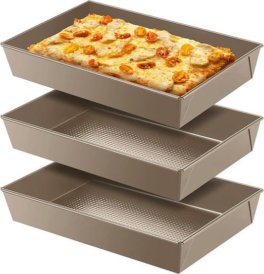 RimCereal 3 Pcs 10 x 14 x 2.36 in Detroit Style Pizza Pan Hard Rectangular Deep Pizza Pans Non Stick Sicilian Style Pan Dish Pre Seasoned Bakeware Kitchenware(Gold)