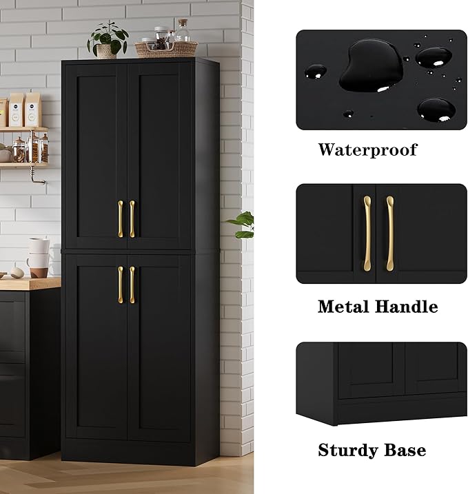 Pantry - Kitchen Pantry Cabinet with 4 Doors and Adjustable Shelves, Tall Black Cabinet Freestanding Storage Cupboard for Dining Room Living Room, Laundry, Bathroom (Black)