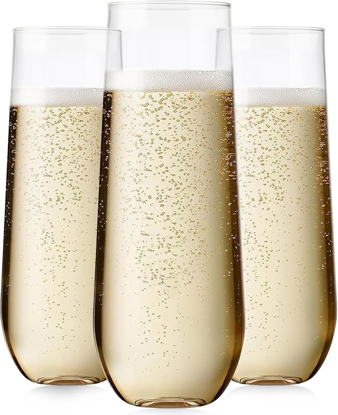 24 Pcak Champagne Flutes Plastic, 9 Oz Disposable Stemless Mimosa Clear Toasting Glasses, Clear Crystal Plastic Cocktail Cups for Party Wedding Birthday