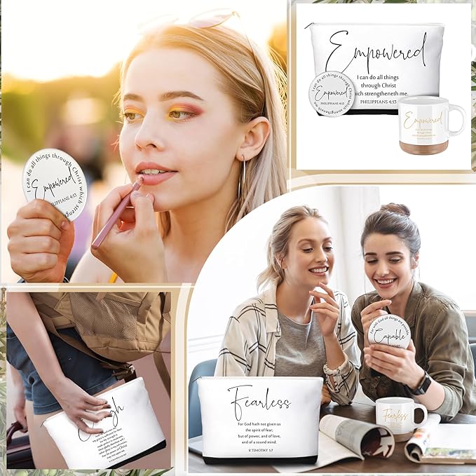 36 Pcs Inspirational Christian Gift for Women Bulk 13 oz Ceramics Bible Verse Coffee Mugs Religious Makeup Bags Compact Mirrors Church Gift for Mom Wife Godmother Teacher(White)