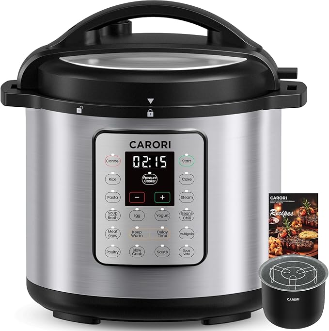 1200W 12-in-1 Electric Pressure Cooker 8Qt, Stainless Steel Pressure Cooker, Slow Cook Rice Cooker Steamer Saut챕, Yogurt Maker, Warmer & Sterilizer with Recipe, Safer Venting Design, Sliver