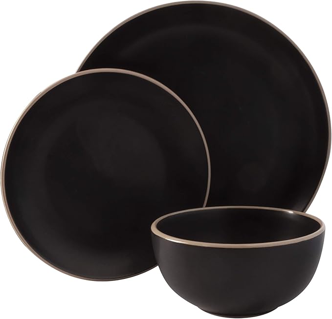 Gibson Home Rockaway 12-Piece Stoneware Dinnerware Set, Service for 4 ??Modern Round Plates and Bowls, Dishwasher & Microwave Safe, Black