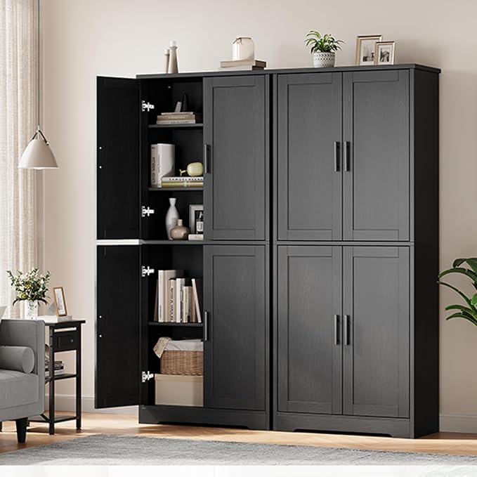 IDEALHOUSE Pantry Cabinet,70" Tall Kitchen Pantry Cabinet with 4 Doors and 3 Adjustable Shelves, Freestanding Cupboard, Modern Storage Cabinet for Bathroom, Dining Room, Living Room, Black