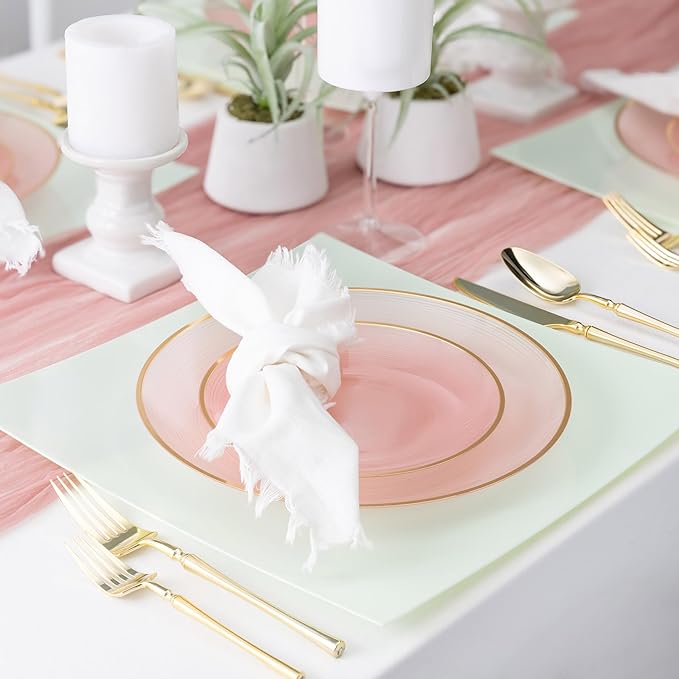 PLASTICPRO 32 Pieces Crystal Design Plastic Plates Combo Pack 7 inch and 10 inch Gold Rim Elegant Disposable Plates, Transparent Pink