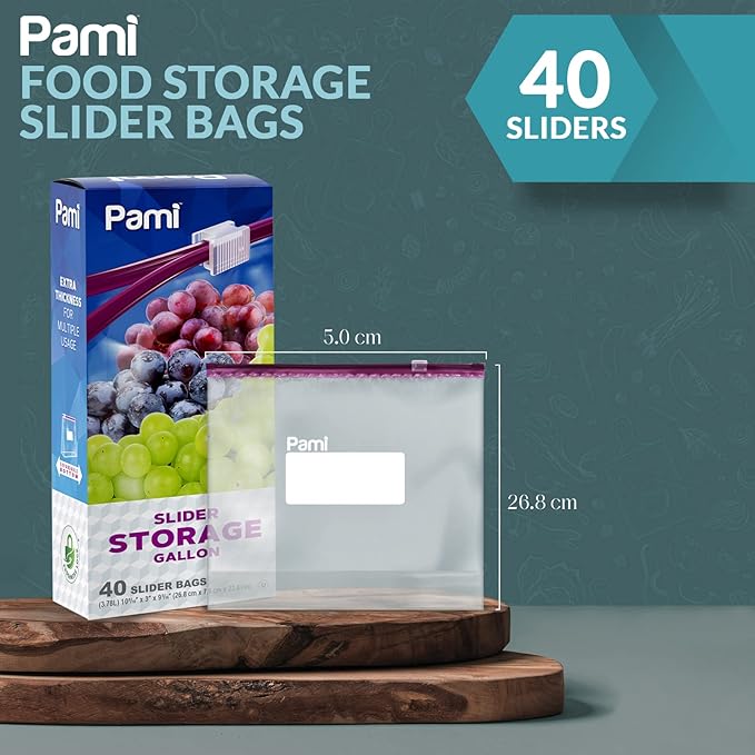 PAMI Leakproof Reusable Slider Freezer Bags with Expandable Bottom and Write-On Label, Thick Storage Bags (Gallon 40 Clear)